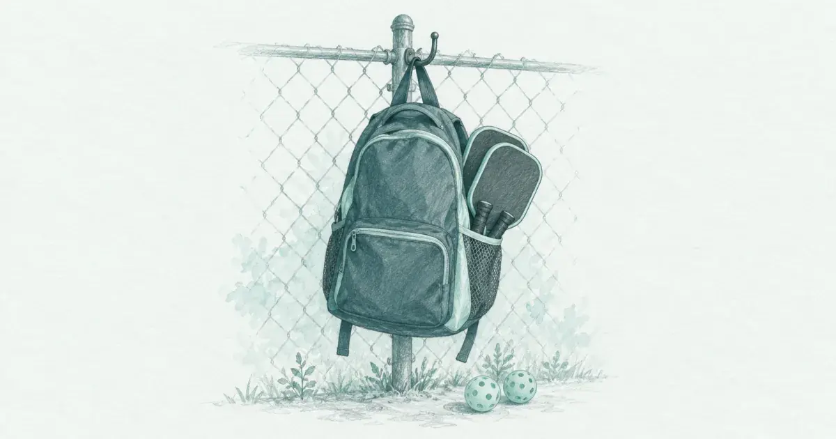 Pencil sketch of a pickleball backpack with paddles and a fence hook