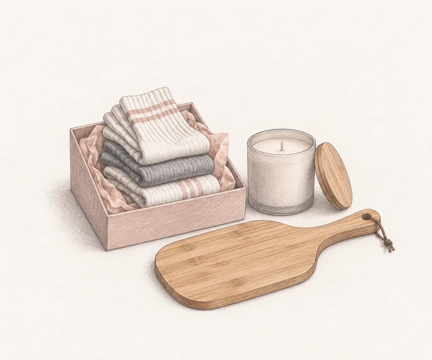 Pencil sketch of pickleball gifts on a table, including a gift-boxed pair of socks, a candle, and a paddle-shaped serving board