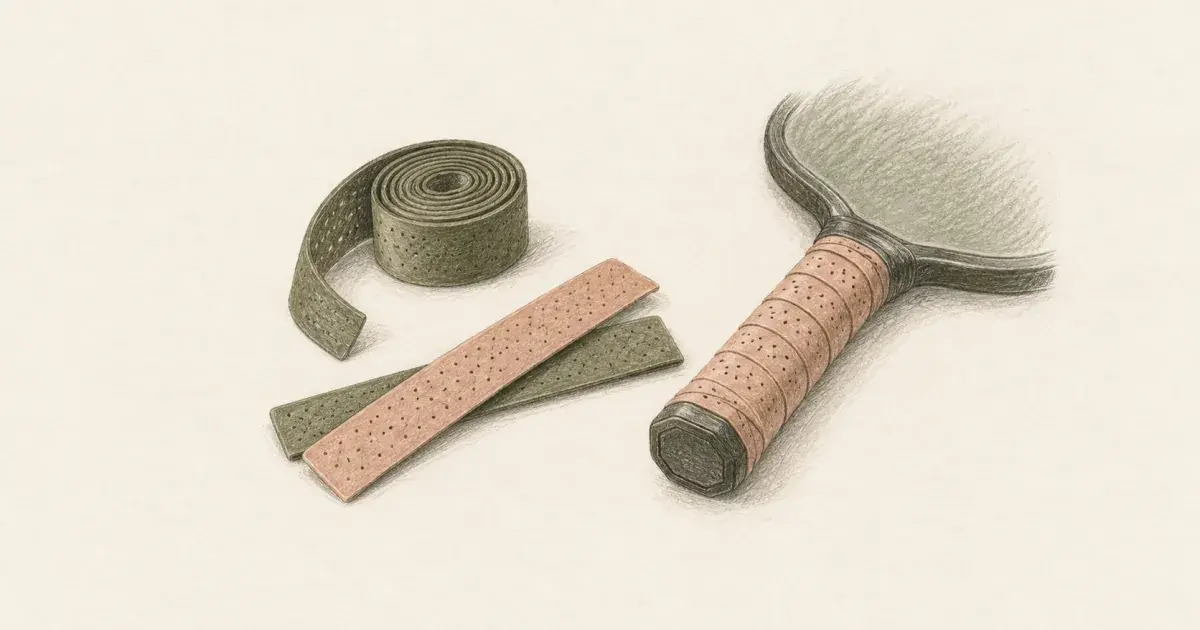 Pencil sketch of a replacement grip roll and overgrips beside a paddle handle