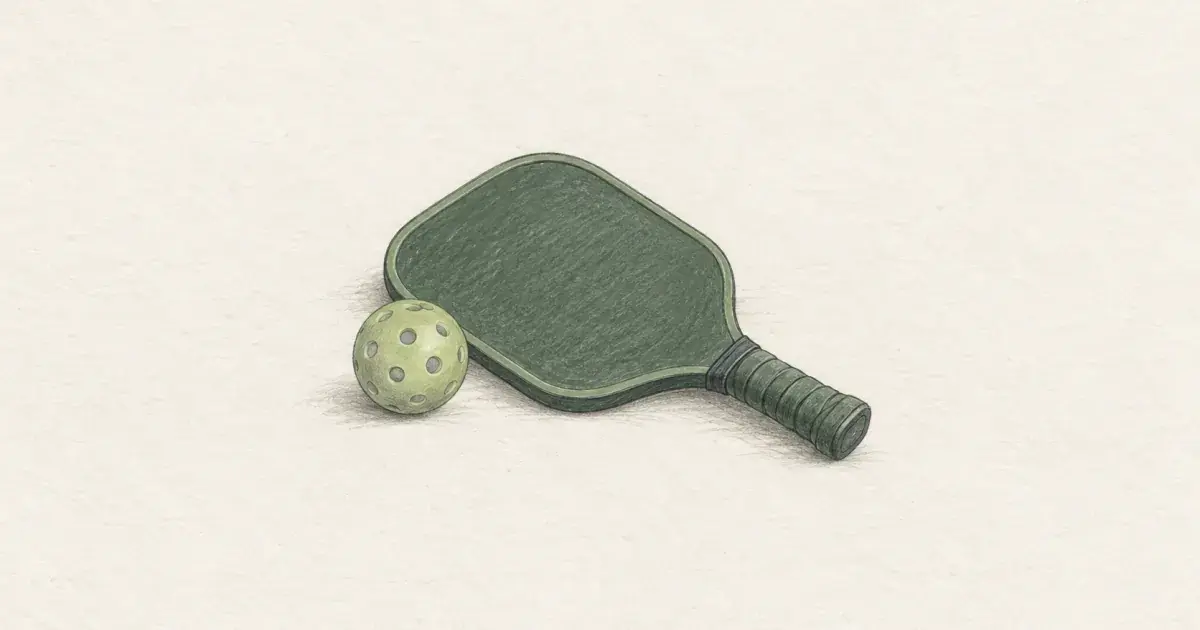 Pencil sketch of a beginner pickleball paddle and ball on a court bench