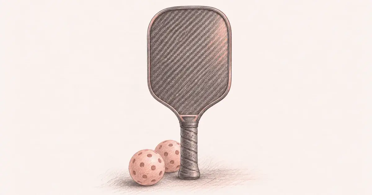 Pencil sketch of a pickleball paddle with two balls on blush paper