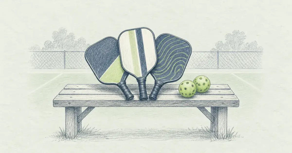 Pencil sketch of three pickleball paddles and balls on a court bench