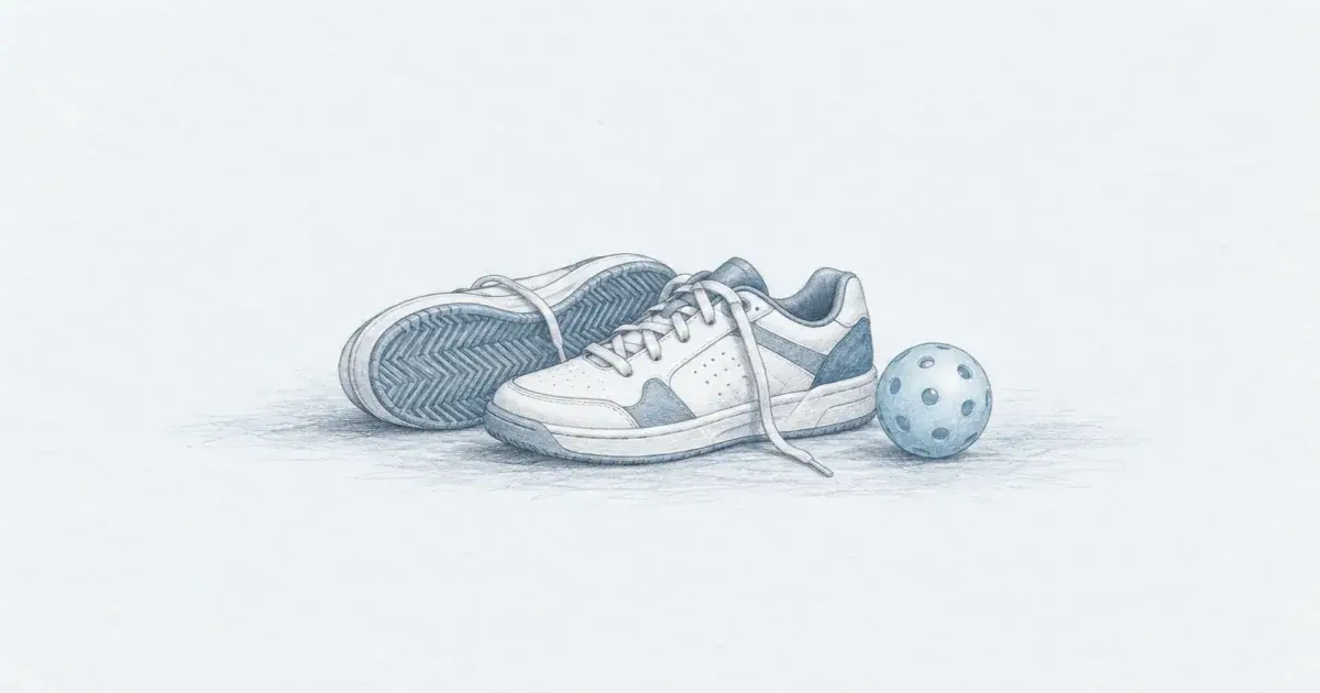 Pencil sketch of pickleball court shoes beside a ball