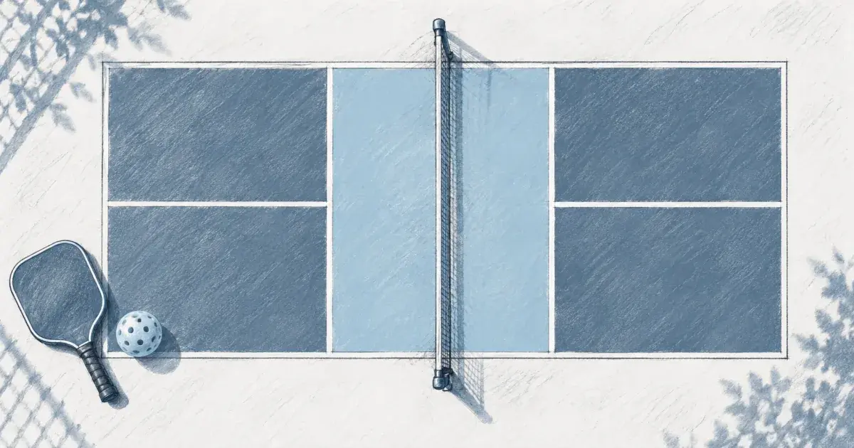 Pickleball court size calculator over a diagram of a regulation court