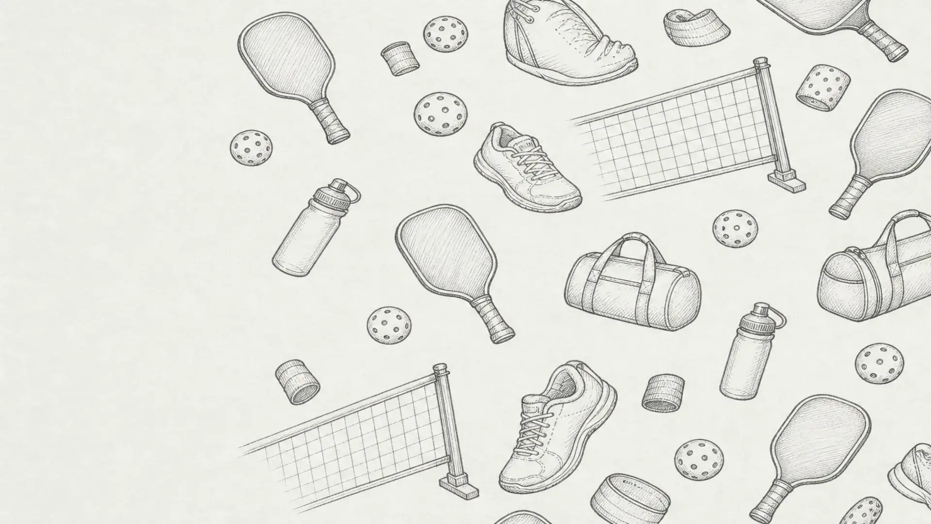 Monochrome pencil sketch pattern of pickleball gear on soft green-cream paper