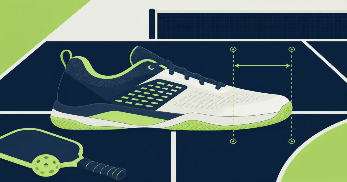 Flat graphic of wide-fit pickleball court shoes on a navy court