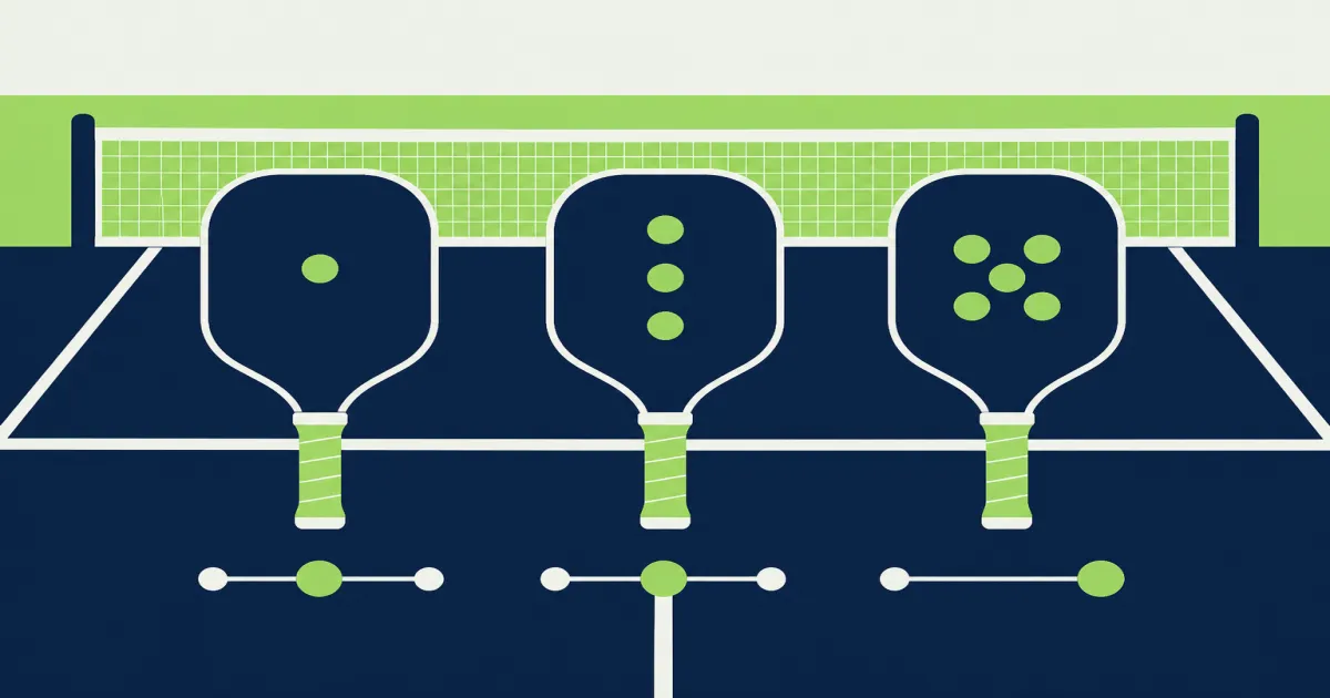 Pickleball paddles labeled light midweight and heavy on a court bench